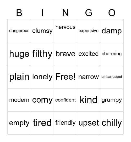 Adjective Bingo Card