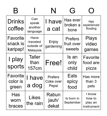 Get to Know Me Bingo Card