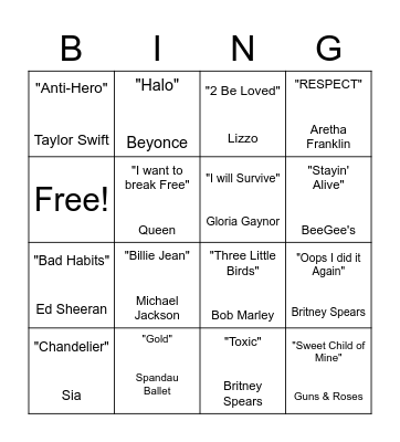 Music Bingo Card
