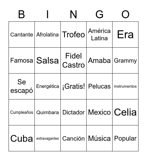 Celia Cruz Bingo Card