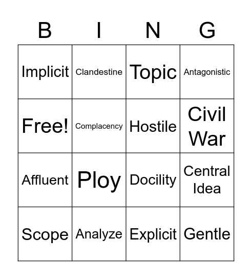 Vocabulary Bingo Card