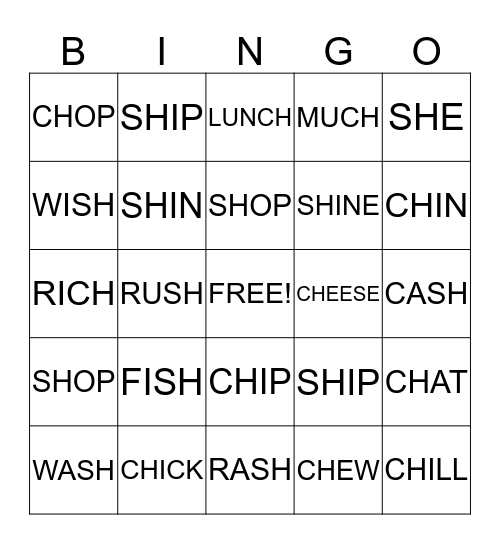 CH AND SH Bingo Card