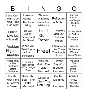 Disney Tunes Music Trivia Bingo Card