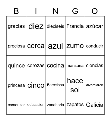 Castilian Spanish Accent Bingo Card