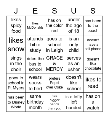 Youth Ministry Meet and Greet Bingo Card