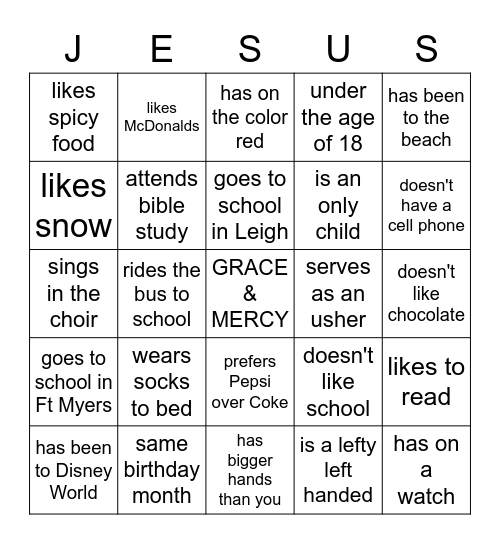 Youth Ministry Meet and Greet Bingo Card