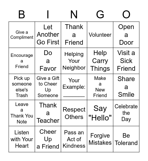 Random Acts of Kindness Bingo Card