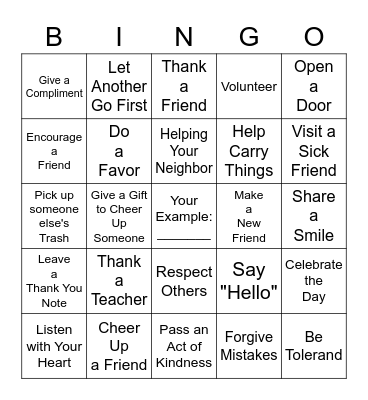 Random Acts of Kindness Bingo Card