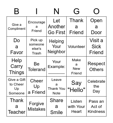 Random Acts of Kindness Bingo Card