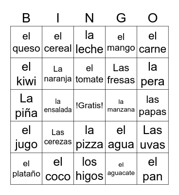 Comida Bingo Card