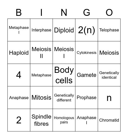 Mitosis and Meiosis Bingo Card