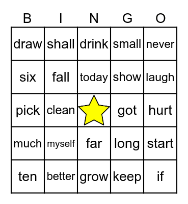SIGHT WORD BINGO Card