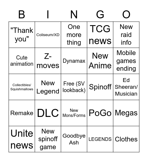 Pokemon Direct Bingo Card