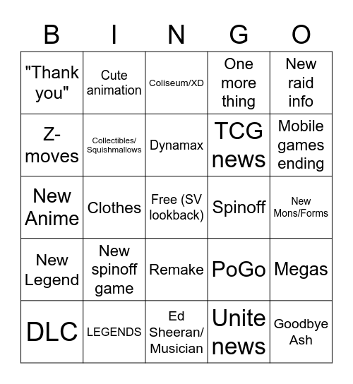 Pokemon Direct Bingo Card