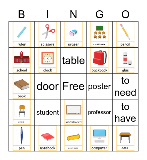 Classroom Objects Bingo Card