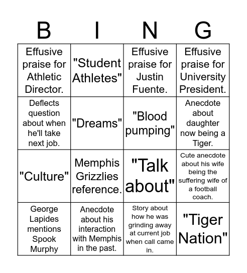 Mike Norvell Press Conference Bingo Card