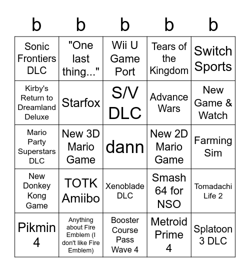 2.8.23 Nintendo Direct Bingo Card