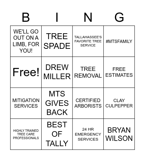 MILLER'S TREE SERVICE BINGO Card
