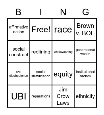 Social Issues Unit 2 Vocab Bingo Card