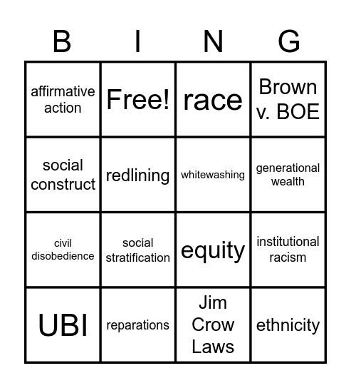 Social Issues Unit 2 Vocab Bingo Card