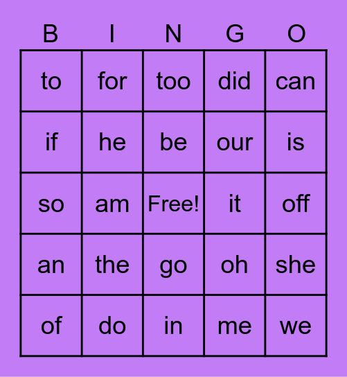 TWO AND THREE LETTER BINGO Card