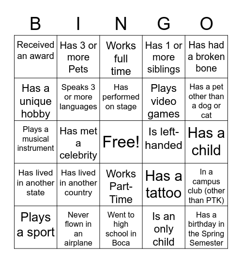 PTK Human Bingo Card