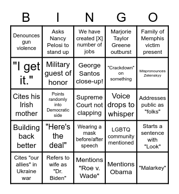 Biden SOTU Bingo Card