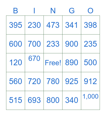 Numeros 100-600 Bingo Card