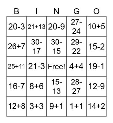 addition subtraction problems Bingo Card