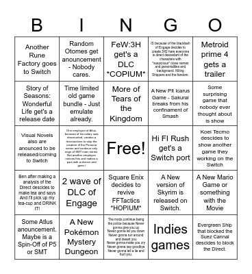 Nintendo Direct Bingo Card