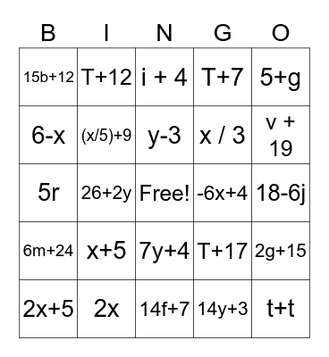 Algebra Bingo Card