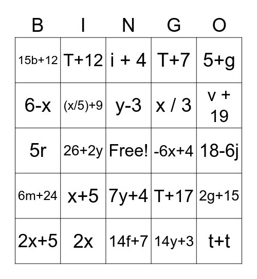 Algebra Bingo Card