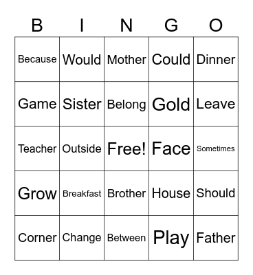 Sight Words Bingo Card