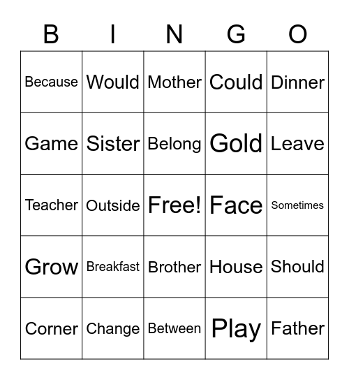 Sight Words Bingo Card