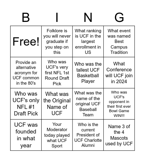 UCF Charlotte Alumni Bingo Card