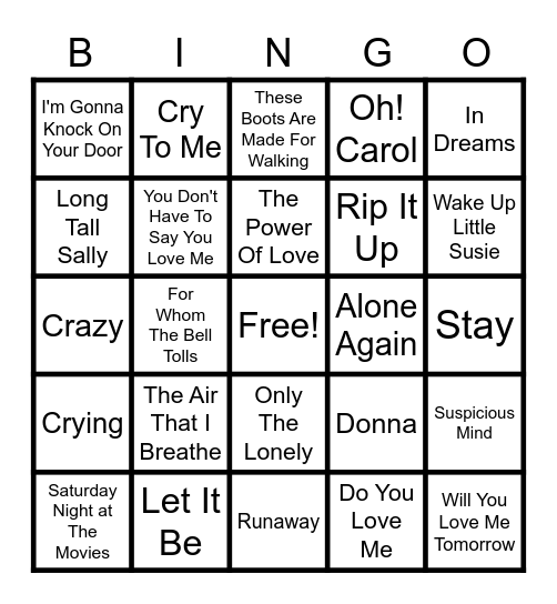 Golden Oldies Music Bingo ✨✨💖✨✨ Bingo Card