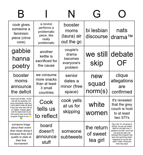 Forensics Season Bingo Card