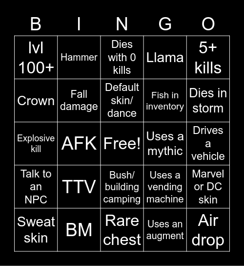 Fortnite Spectating Bingo Card