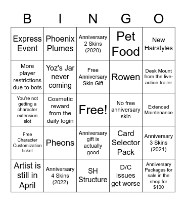Lost Ark Anniversary Update Bingo Card