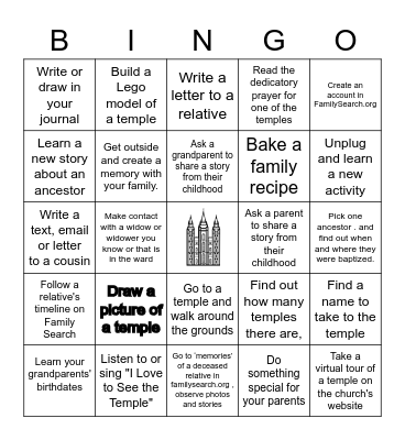 Temple & Family History Bingo Card