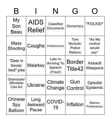 State of the Union 2023 Bingo Card