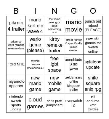 nintendo direct 08/02/2023 Bingo Card