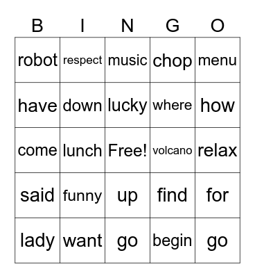 Spelling Bingo Card