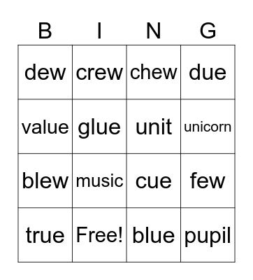 Long U Bingo Card