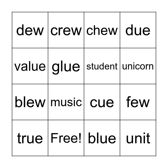 Long U Bingo Card