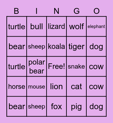 Animals Bingo Card