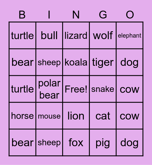 Animals Bingo Card