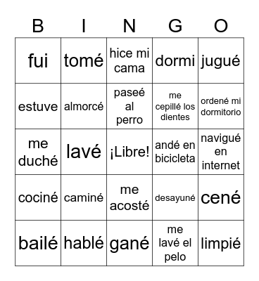 Preterite with AR verbs Bingo Card