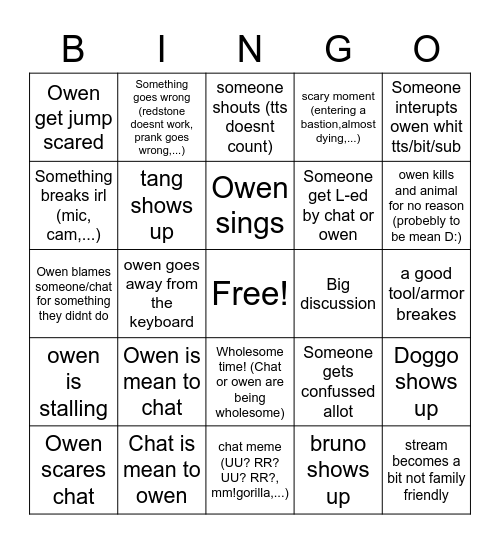 bingo owen stream edition Bingo Card