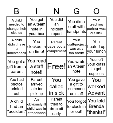 A day in the life of UUMC Day School... Bingo Card